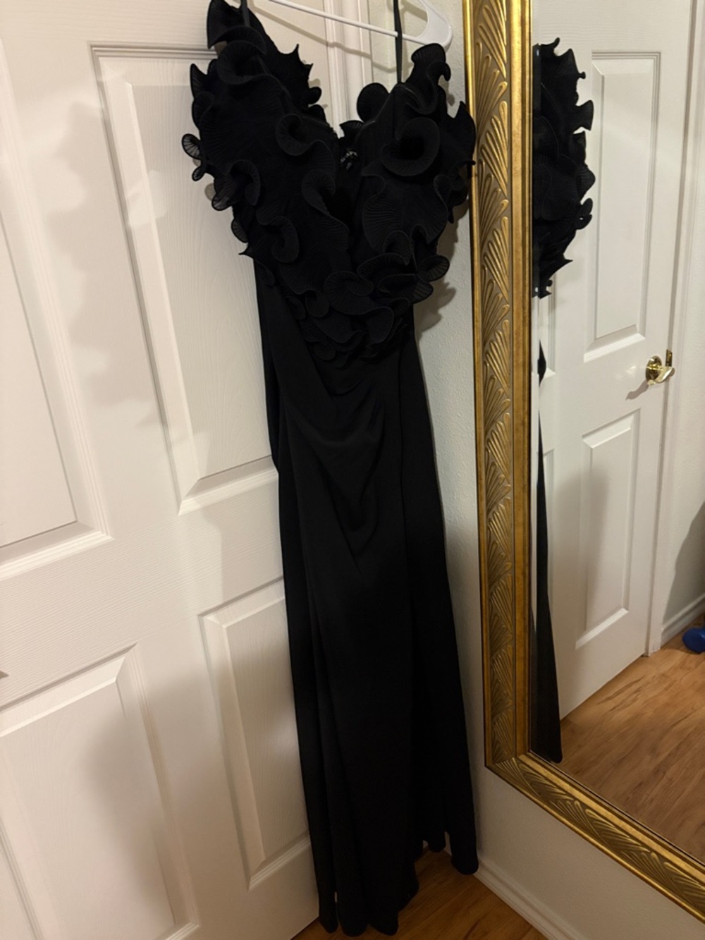 Xscape Black Maxi Dress with Ruffle V-Detail